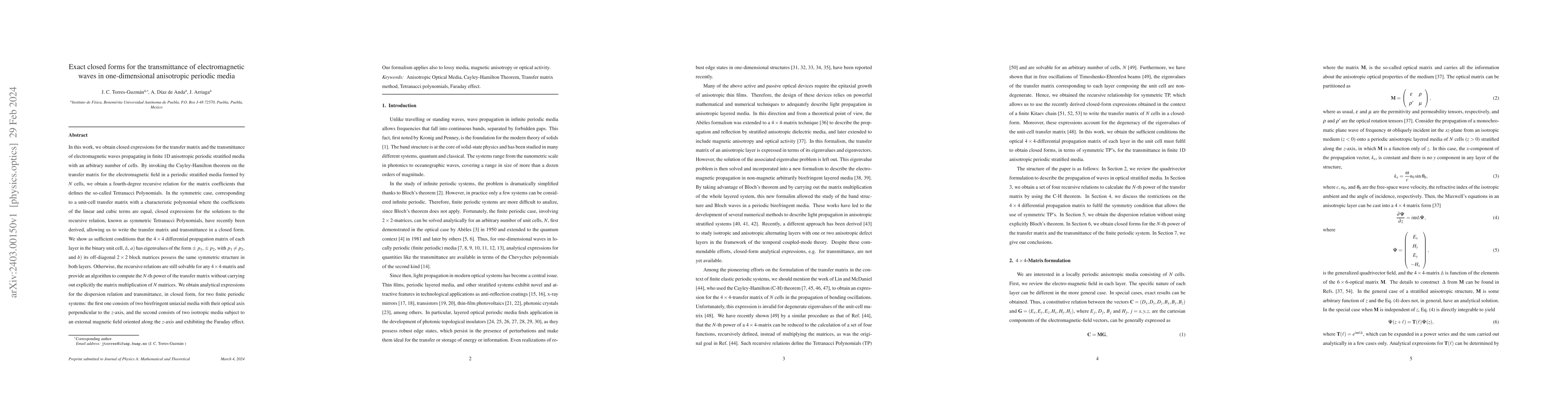 Thumbnail for Exact closed forms for the transmittance of electromagnetic waves in
  one-dimensional anisotropic periodic media