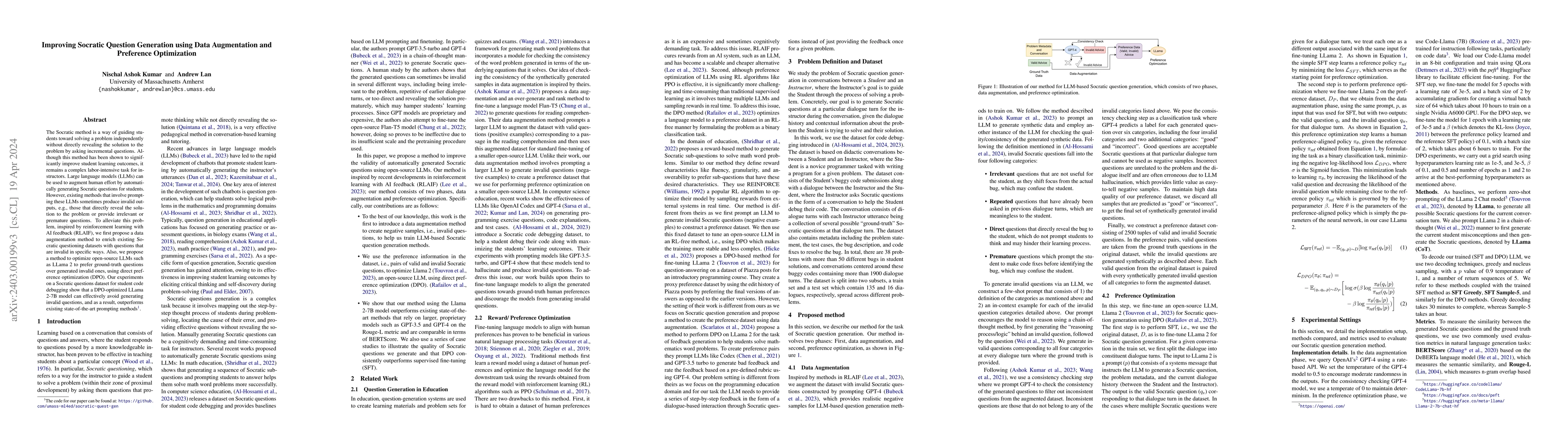 Thumbnail for Improving Socratic Question Generation using Data Augmentation and
  Preference Optimization