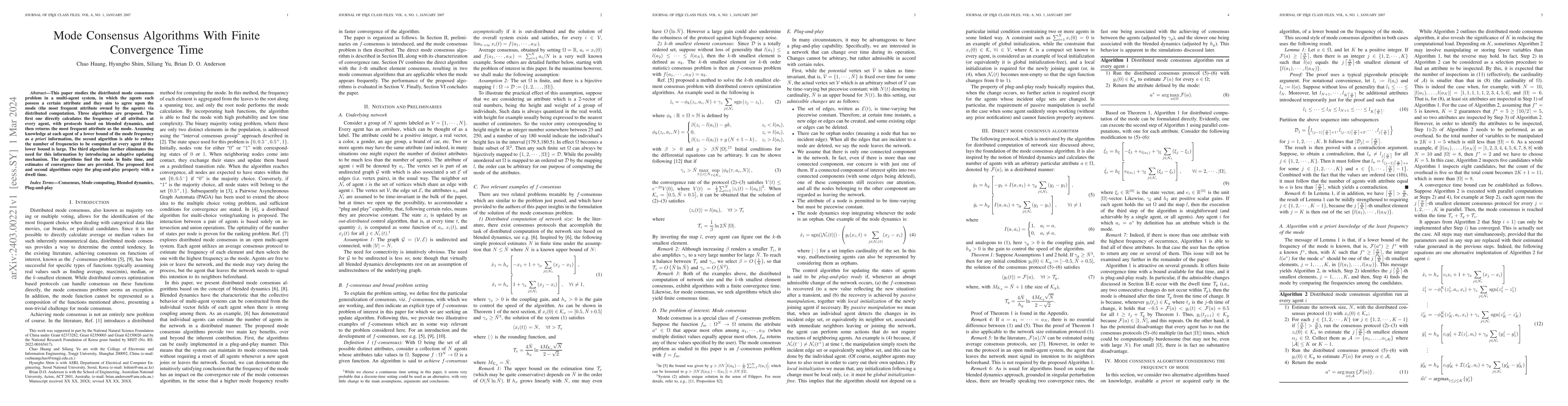 Thumbnail for Mode Consensus Algorithms With Finite Convergence Time