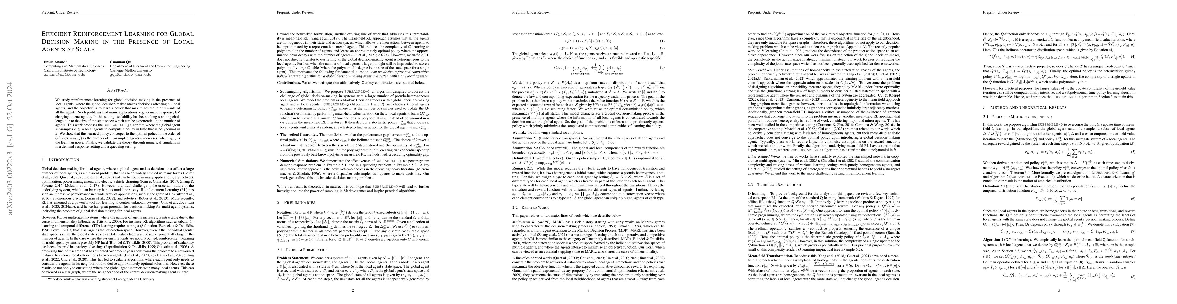 Thumbnail for Efficient Reinforcement Learning for Global Decision Making in the
  Presence of Local Agents at Scale
