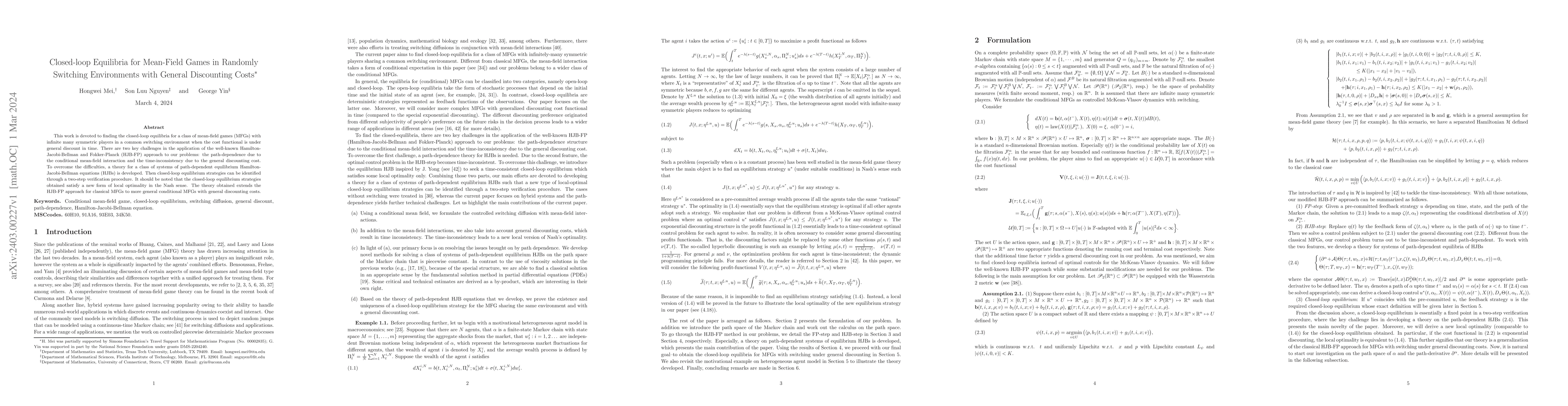 Thumbnail for Closed-loop Equilibria for Mean-Field Games in Randomly Switching
  Environments with General Discounting Costs