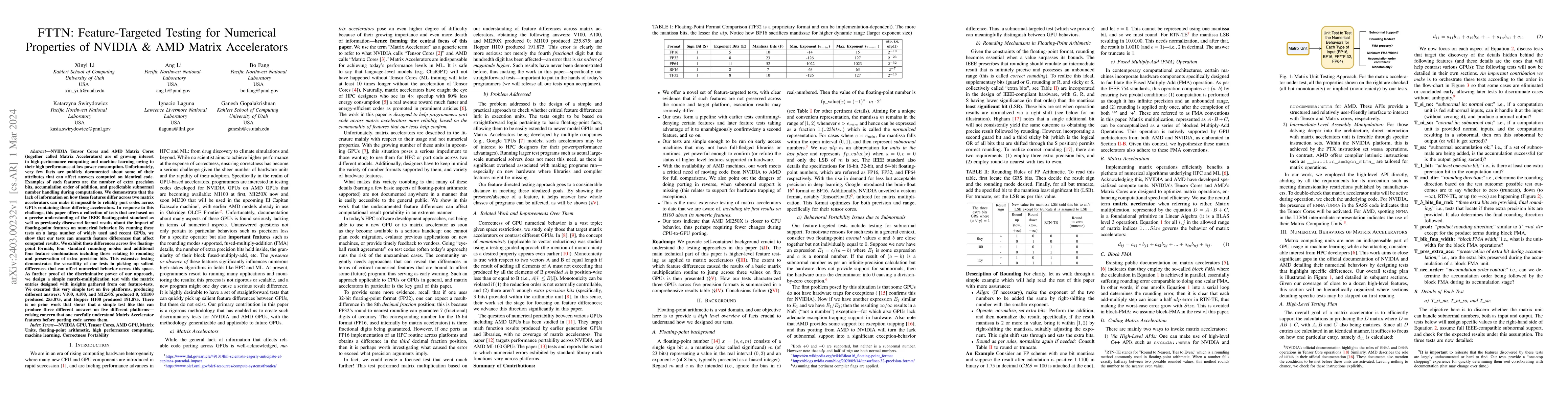 Thumbnail for FTTN: Feature-Targeted Testing for Numerical Properties of NVIDIA & AMD
  Matrix Accelerators