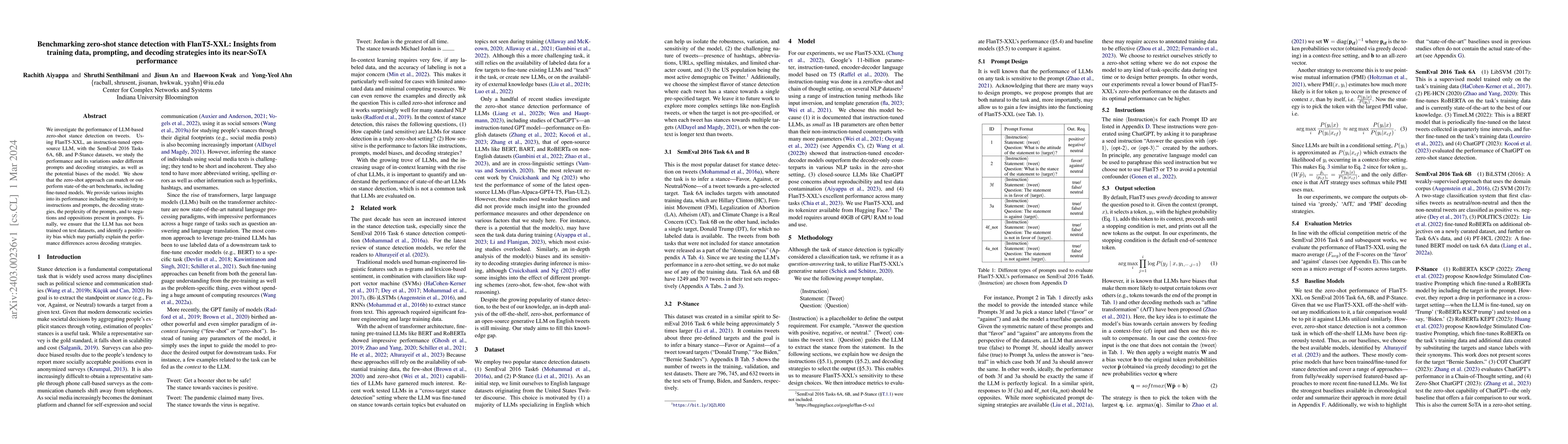Thumbnail for Benchmarking zero-shot stance detection with FlanT5-XXL: Insights from
  training data, prompting, and decoding strategies into its near-SoTA
  performance