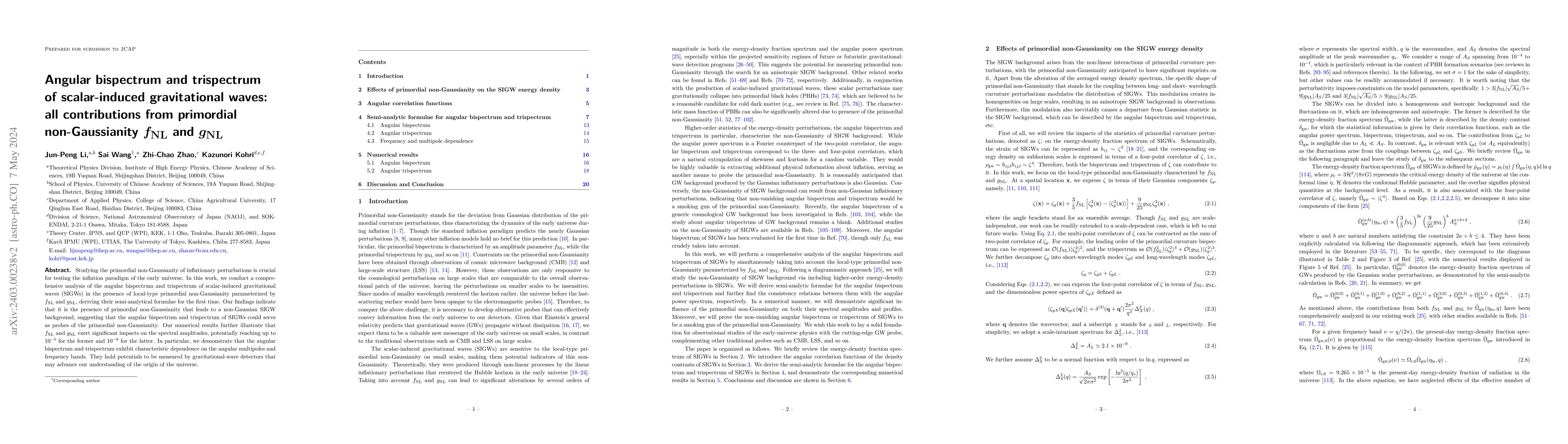 Thumbnail for Angular bispectrum and trispectrum of scalar-induced gravitational
  waves: all contributions from primordial non-Gaussianity $f_\mathrm{NL}$ and
  $g_\mathrm{NL}$