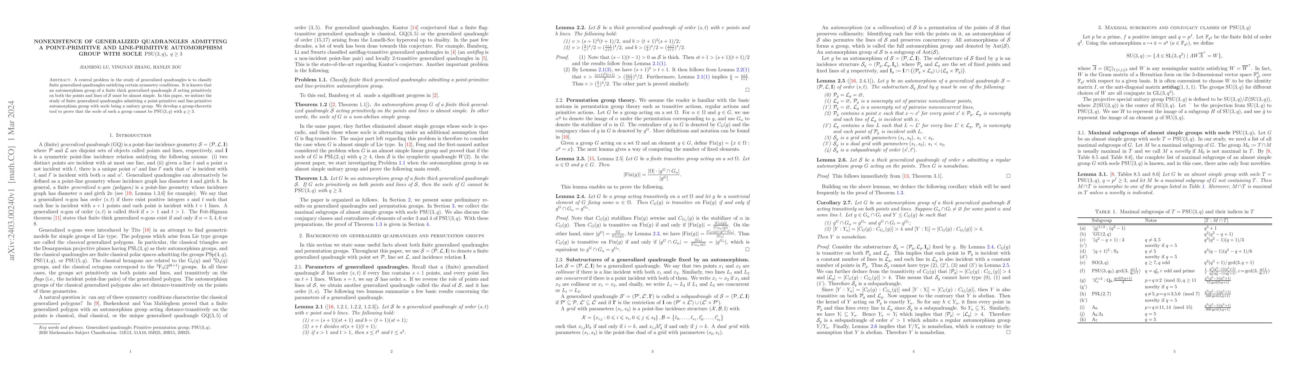 Thumbnail for Nonexistence of generalized quadrangles admitting a point-primitive and
  line-primitive automorphism group with socle ${\rm PSU}(3,q)$, $q\geq 3$