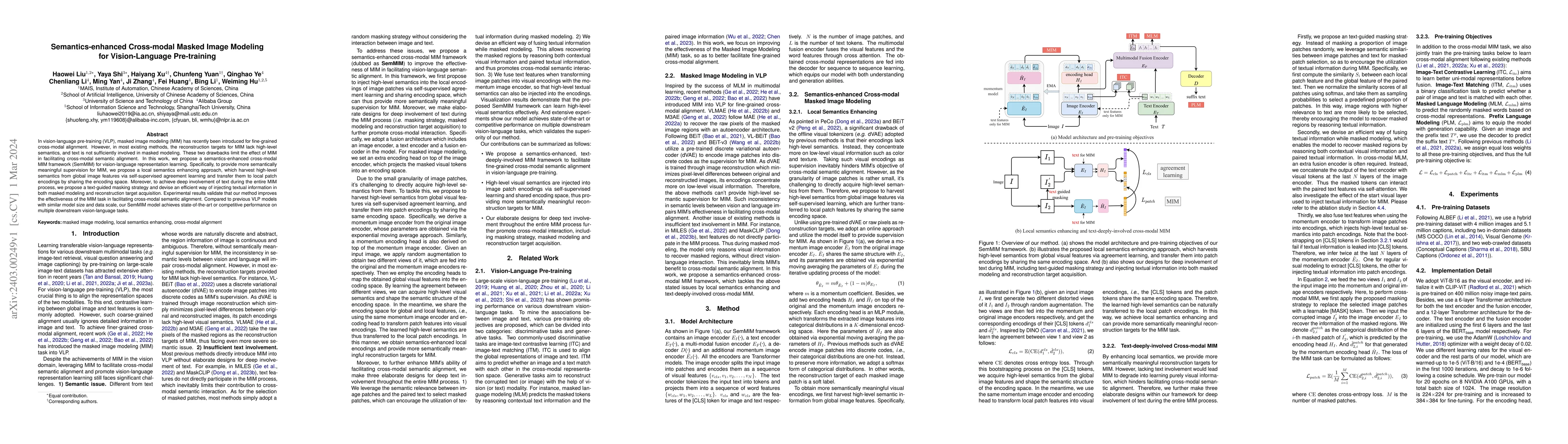Thumbnail for Semantics-enhanced Cross-modal Masked Image Modeling for Vision-Language
  Pre-training