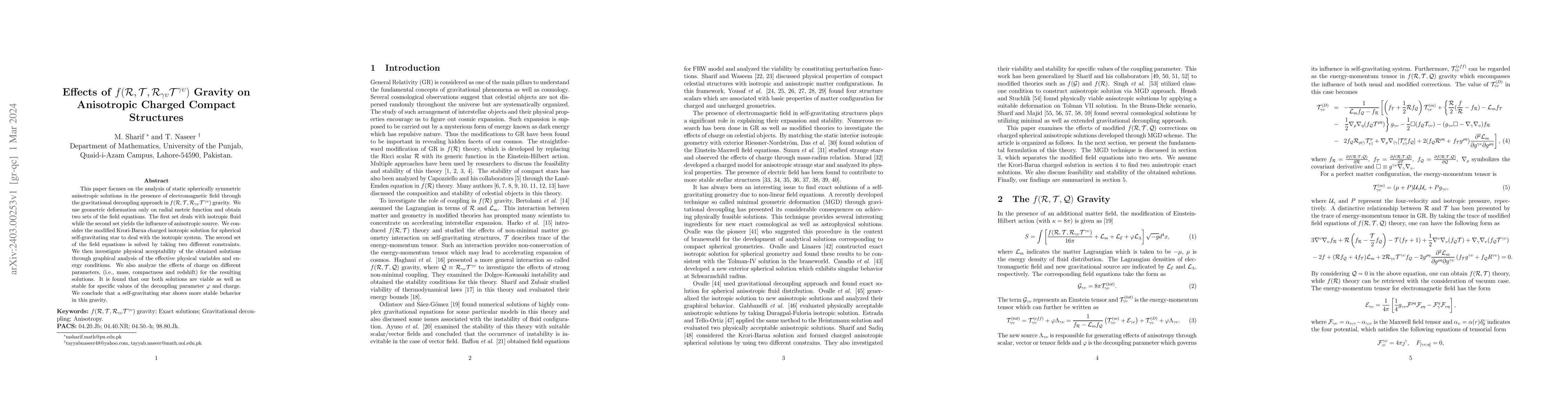 Thumbnail for Effects of
  $f(\mathcal{R},\mathcal{T},\mathcal{R}_{\gamma\upsilon}\mathcal{T}^{\gamma\upsilon})$
  Gravity on Anisotropic Charged Compact Structures