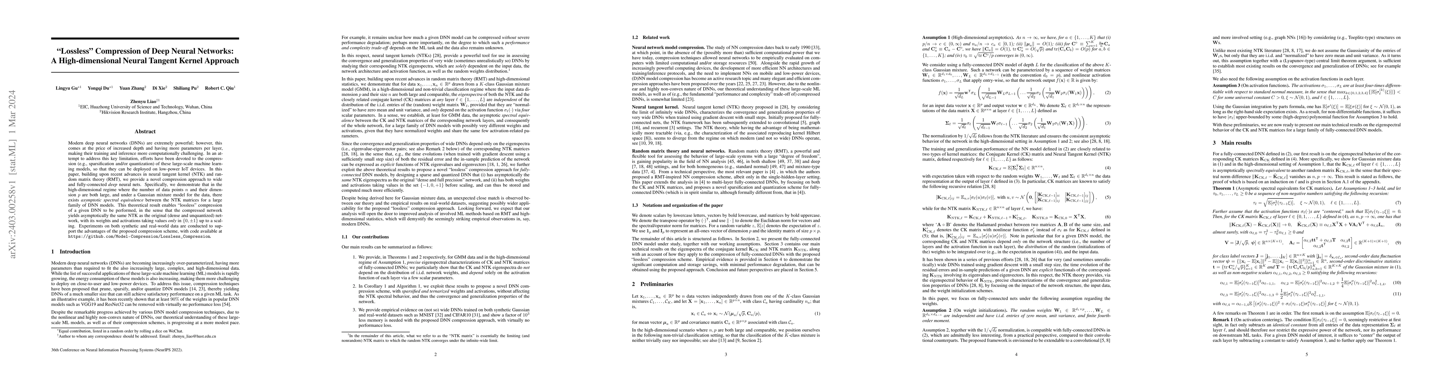 Thumbnail for "Lossless" Compression of Deep Neural Networks: A High-dimensional
  Neural Tangent Kernel Approach
