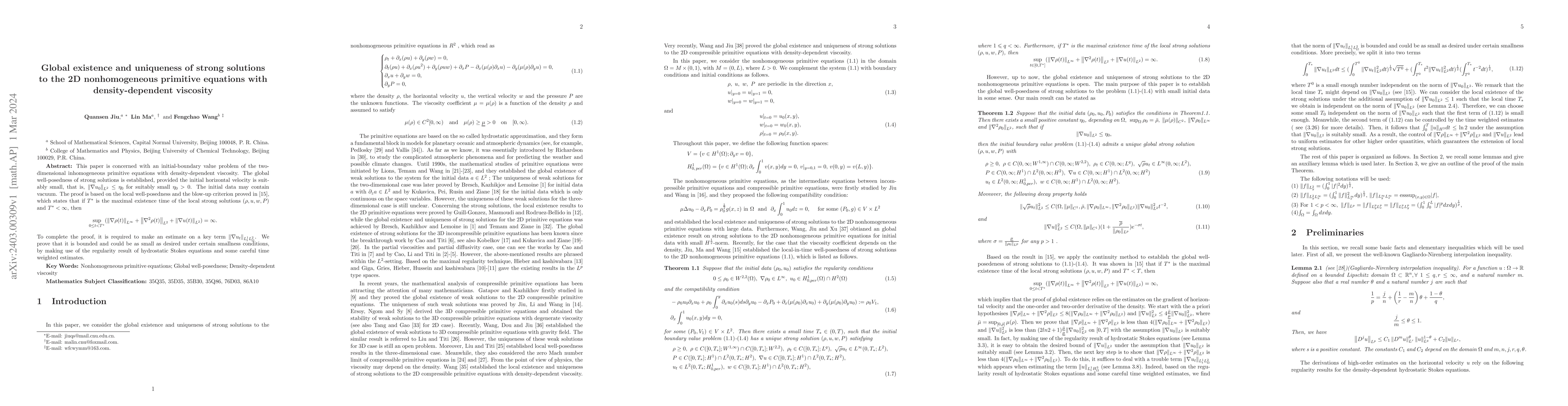 Thumbnail for Global existence and uniqueness of strong solutions to the 2D
  nonhomogeneous primitive equations with density-dependent viscosity