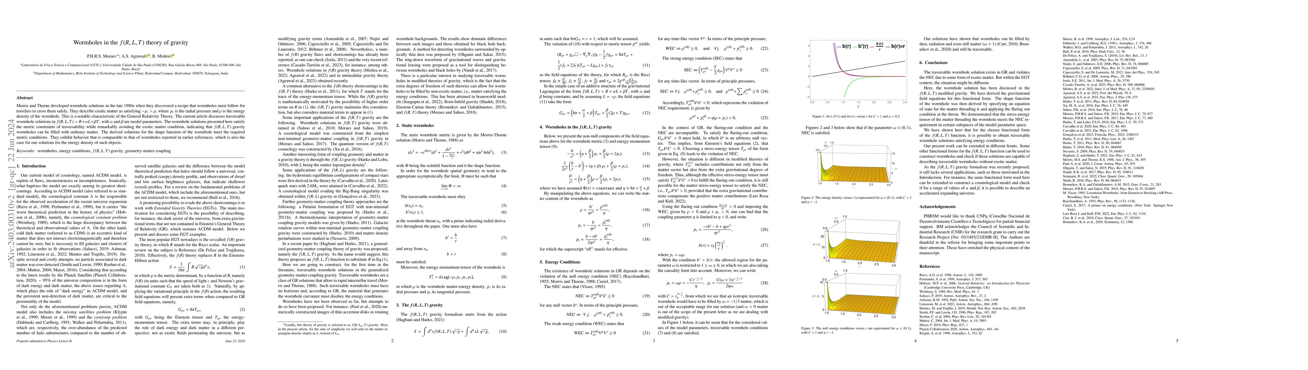 Thumbnail for Wormholes in the f(R,L,T) theory of gravity
