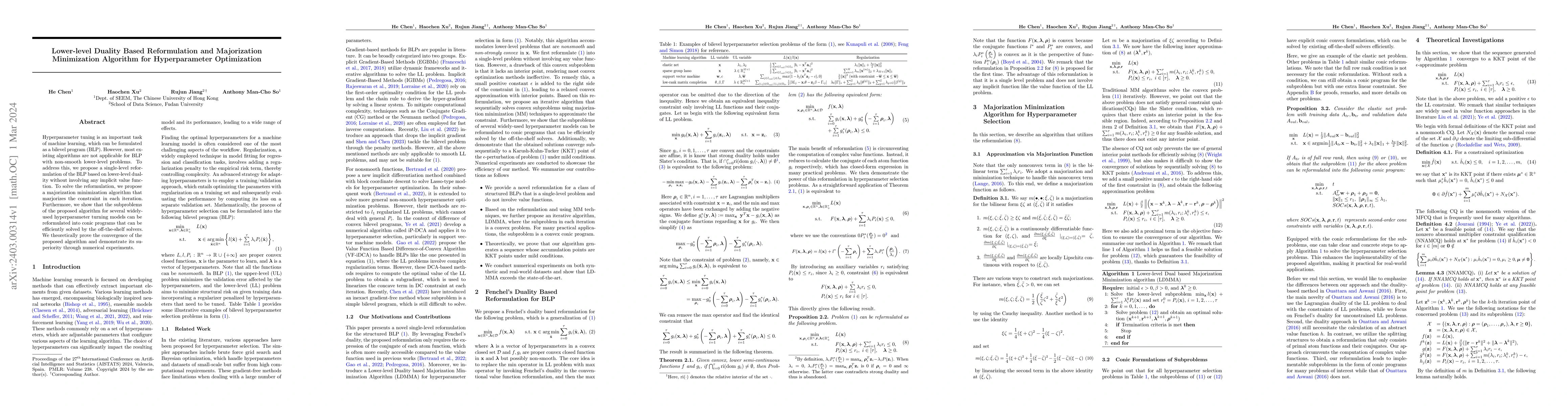 Thumbnail for Lower-level Duality Based Reformulation and Majorization Minimization
  Algorithm for Hyperparameter Optimization