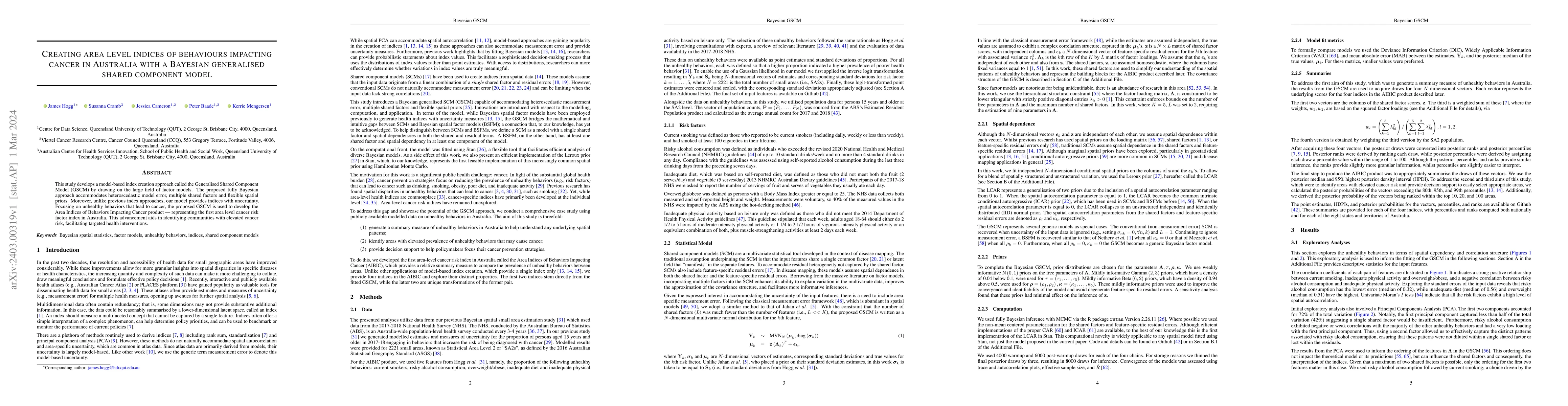 Thumbnail for Creating area level indices of behaviours impacting cancer in Australia
  with a Bayesian generalised shared component model