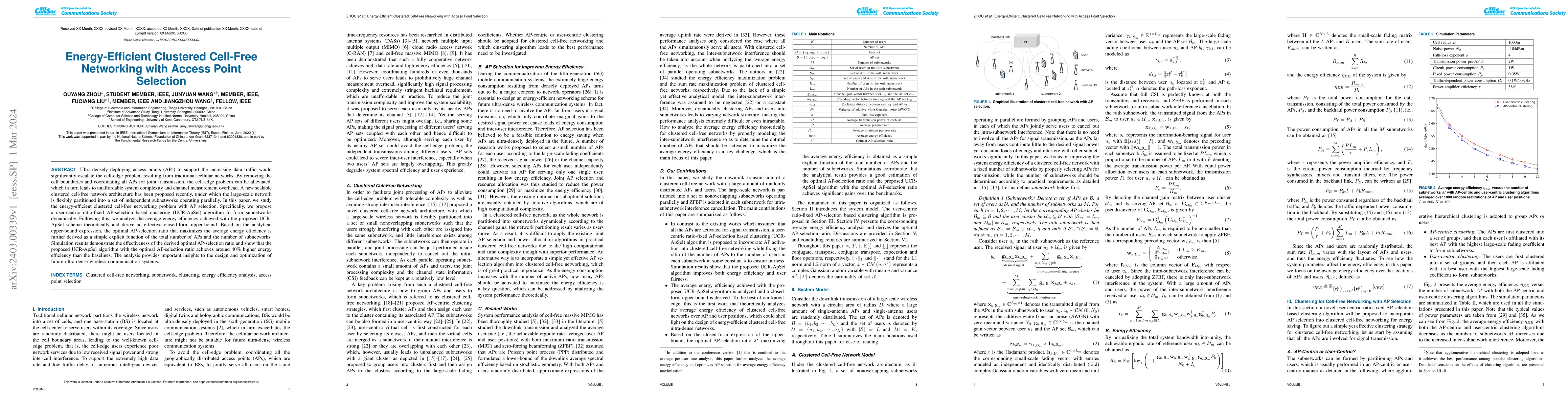 Thumbnail for Energy-Efficient Clustered Cell-Free Networking with Access Point
  Selection