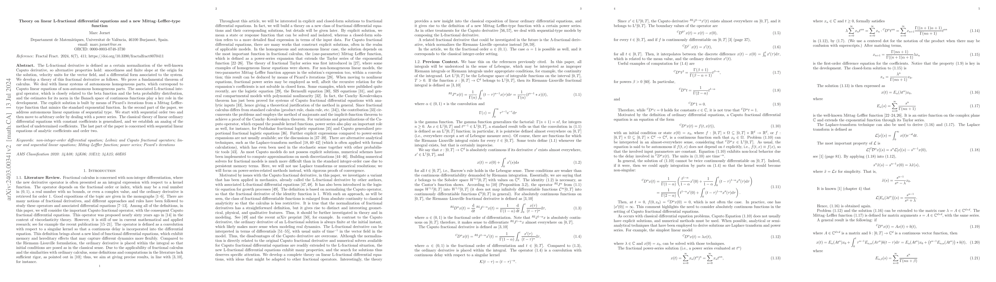 Thumbnail for Theory on linear L-fractional differential equations and a new
  Mittag-Leffler-type function