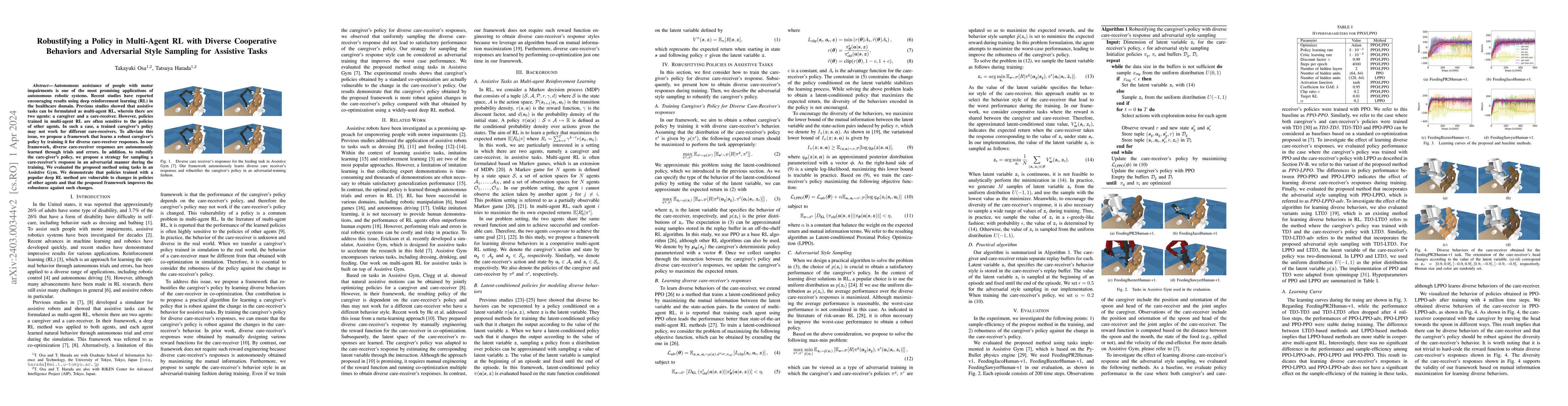 Thumbnail for Robustifying a Policy in Multi-Agent RL with Diverse Cooperative
  Behaviors and Adversarial Style Sampling for Assistive Tasks