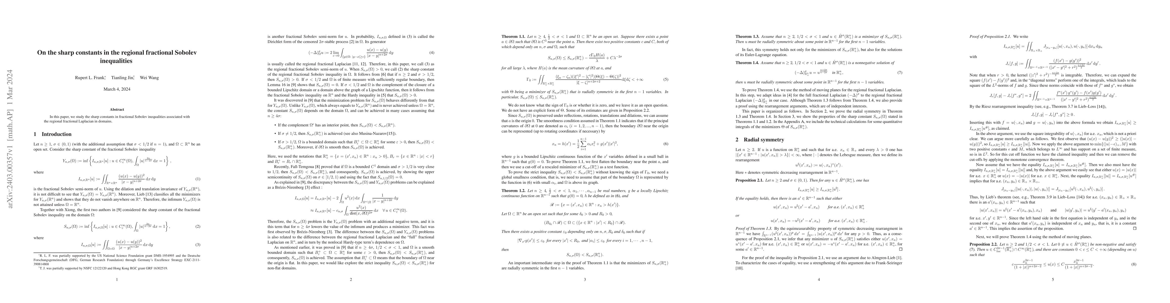 Thumbnail for On the sharp constants in the regional fractional Sobolev inequalities