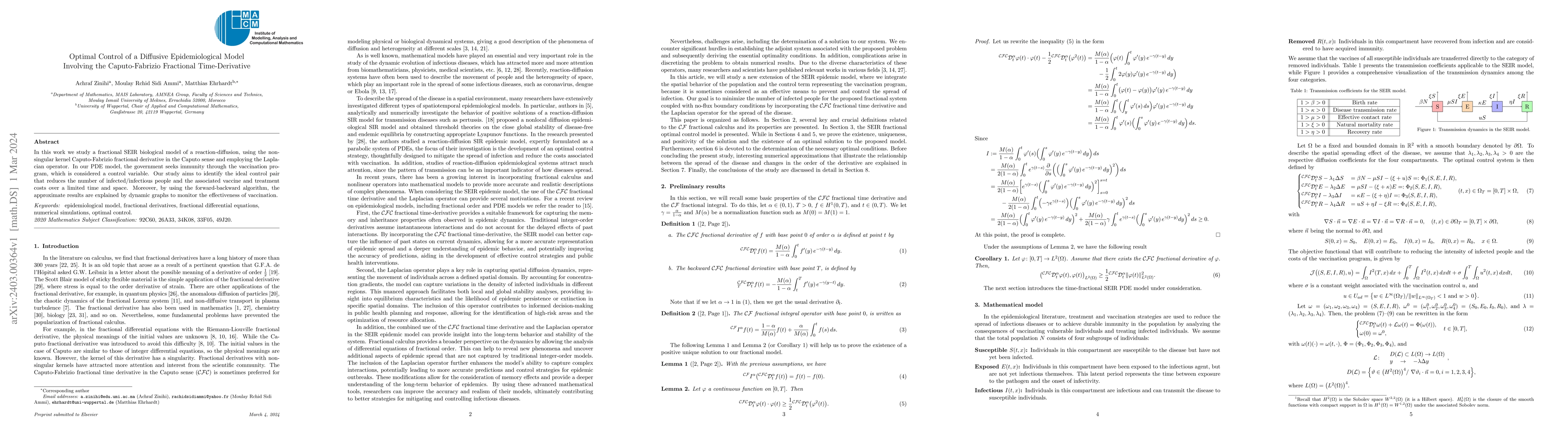 Thumbnail for Optimal Control of a Diffusive Epidemiological Model Involving the
  Caputo-Fabrizio Fractional Time-Derivative