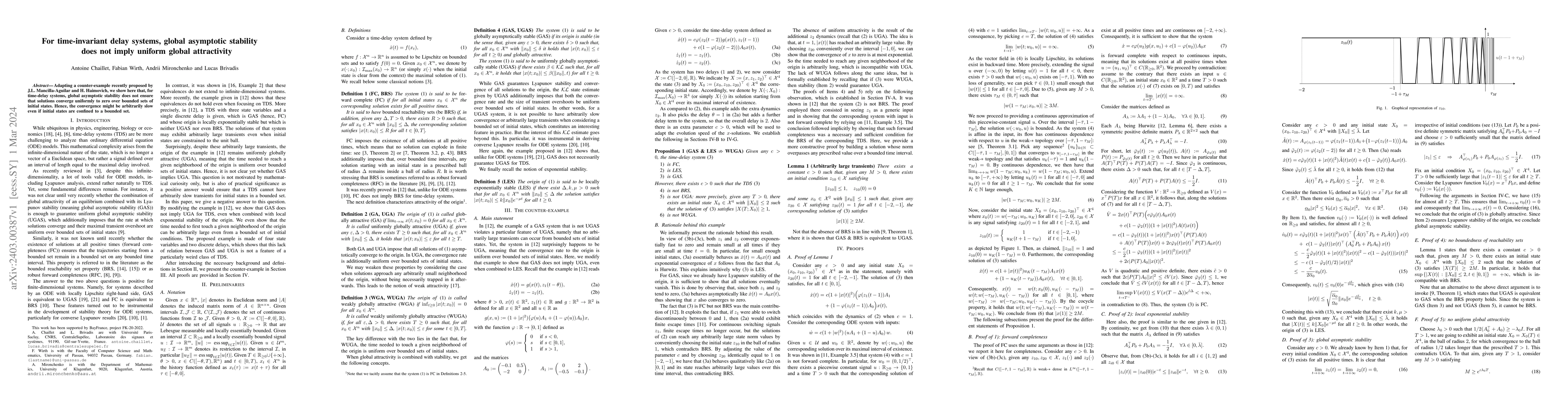 Thumbnail for For time-invariant delay systems, global asymptotic stability does not
  imply uniform global attractivity