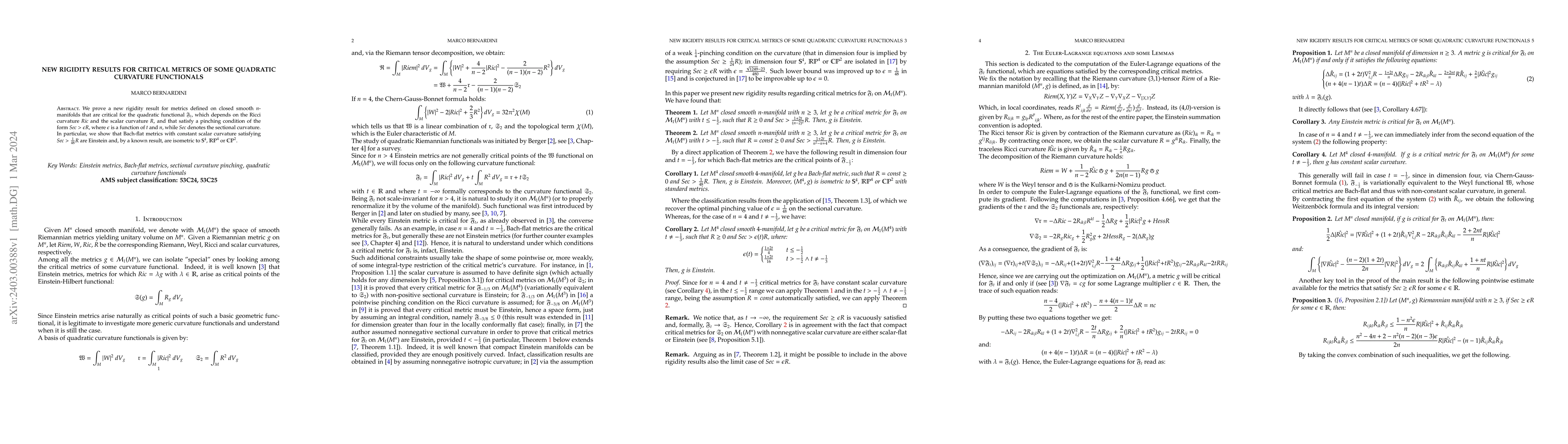 Thumbnail for New Rigidity Results for Critical Metrics of Some Quadratic Curvature
  Functionals