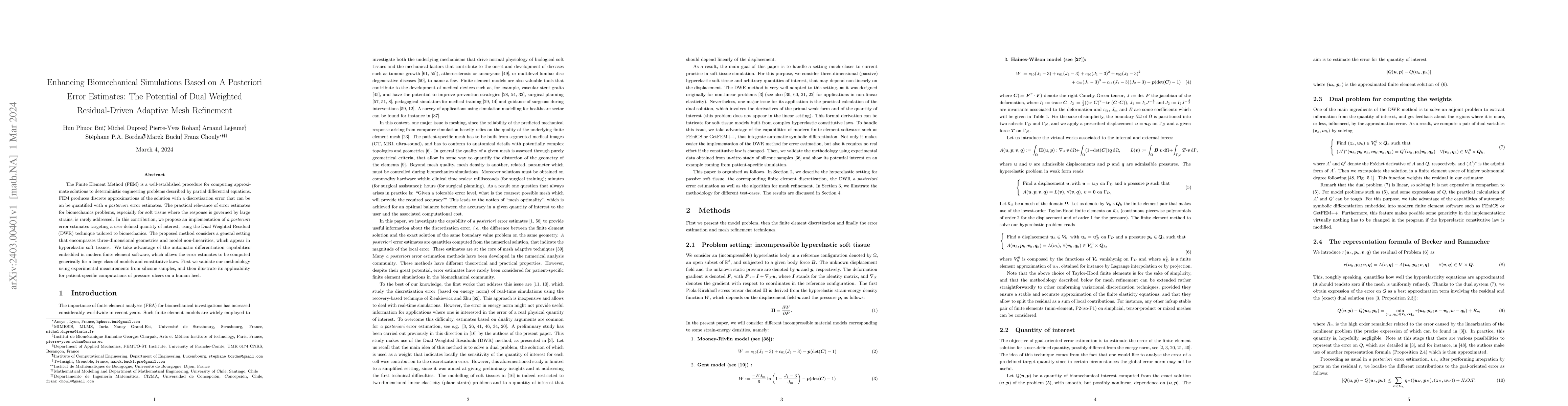 Thumbnail for Enhancing Biomechanical Simulations Based on A Posteriori Error
  Estimates: The Potential of Dual Weighted Residual-Driven Adaptive Mesh
  Refinement