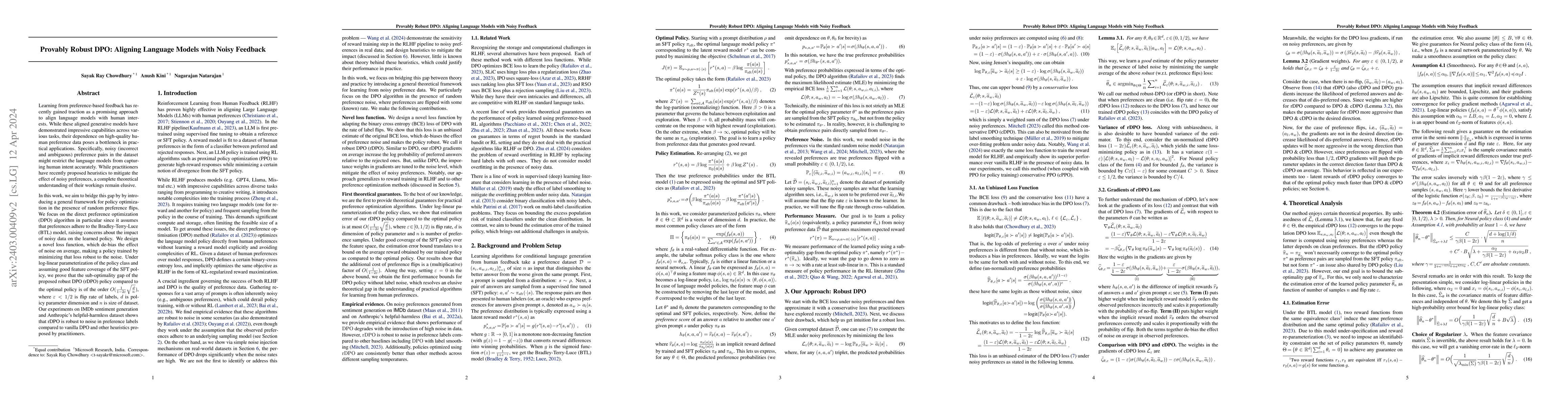 Thumbnail for Provably Robust DPO: Aligning Language Models with Noisy Feedback