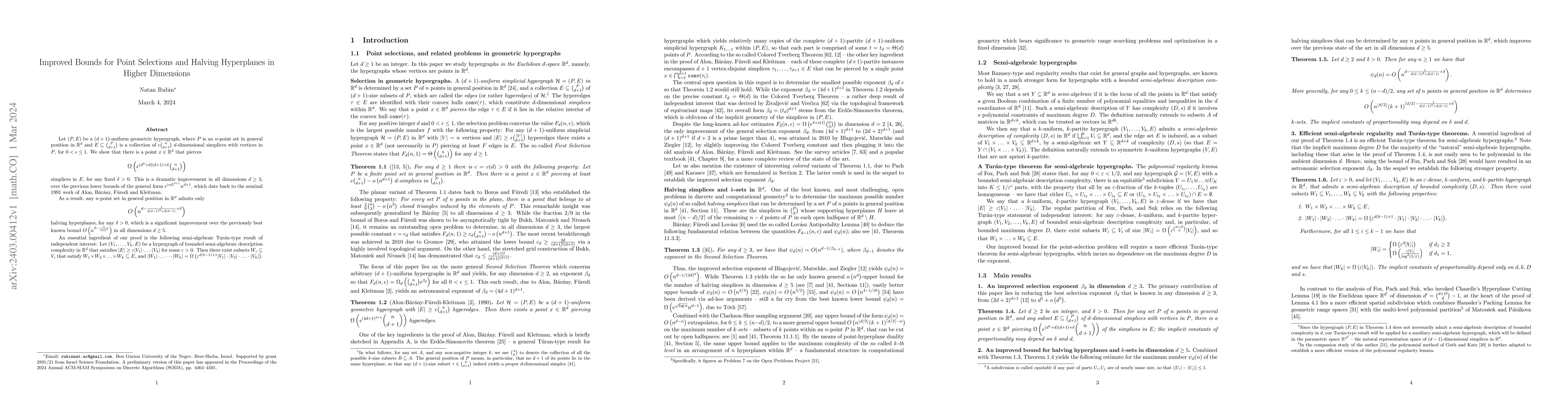 Thumbnail for Improved Bounds for Point Selections and Halving Hyperplanes in Higher
  Dimensions
