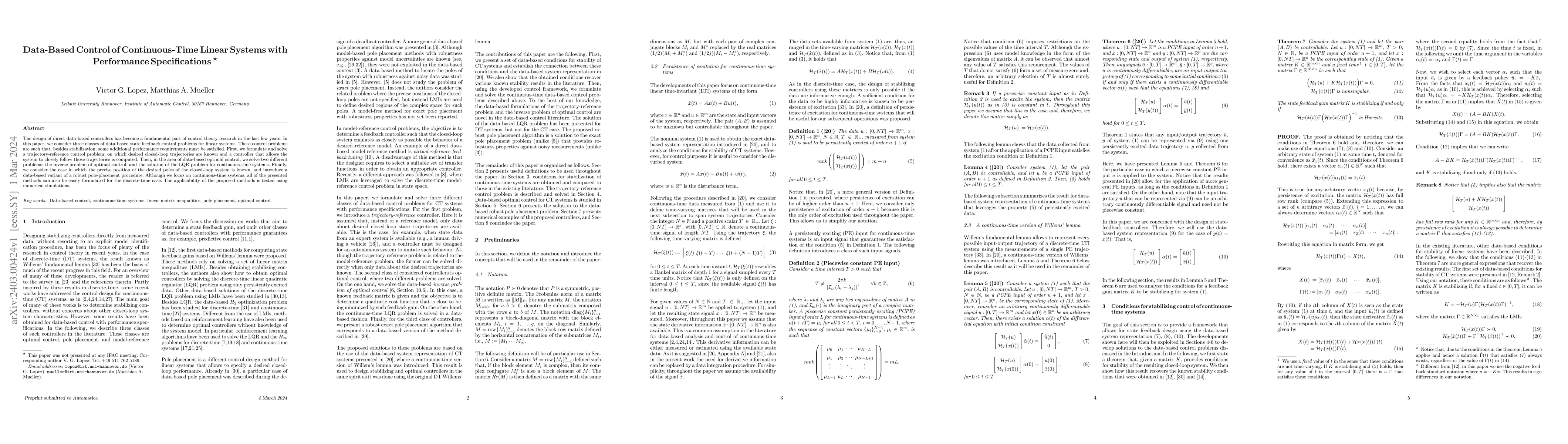 Thumbnail for Data-Based Control of Continuous-Time Linear Systems with Performance
  Specifications