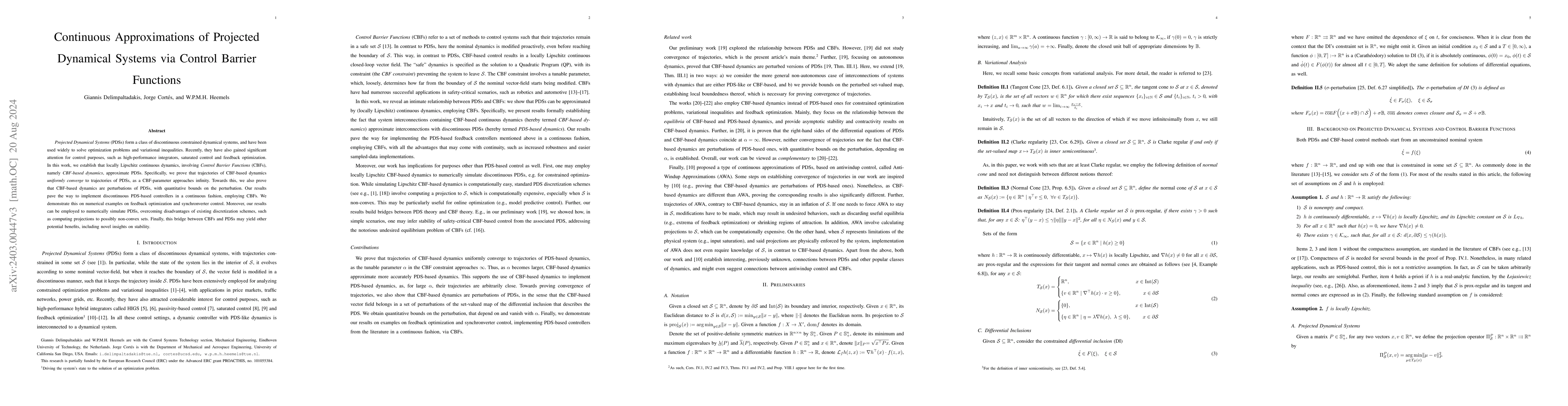 Thumbnail for Continuous Approximations of Projected Dynamical Systems via Control
  Barrier Functions