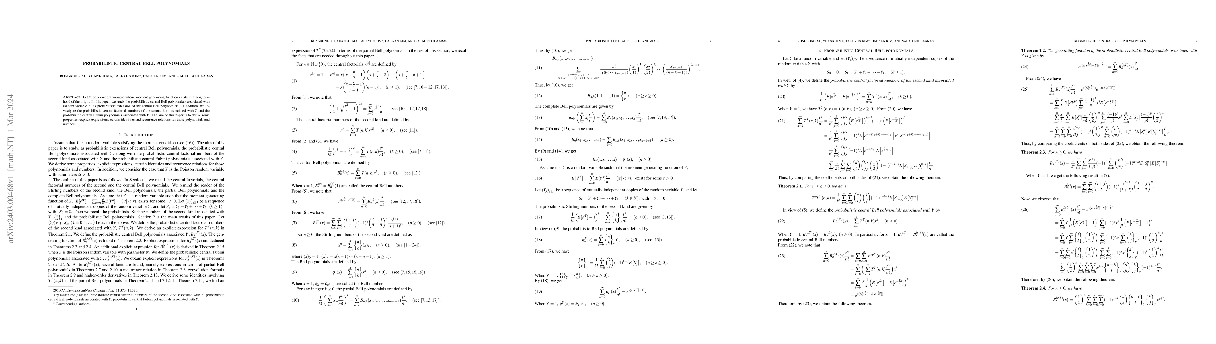 Thumbnail for Probabilistic central Bell polynomials