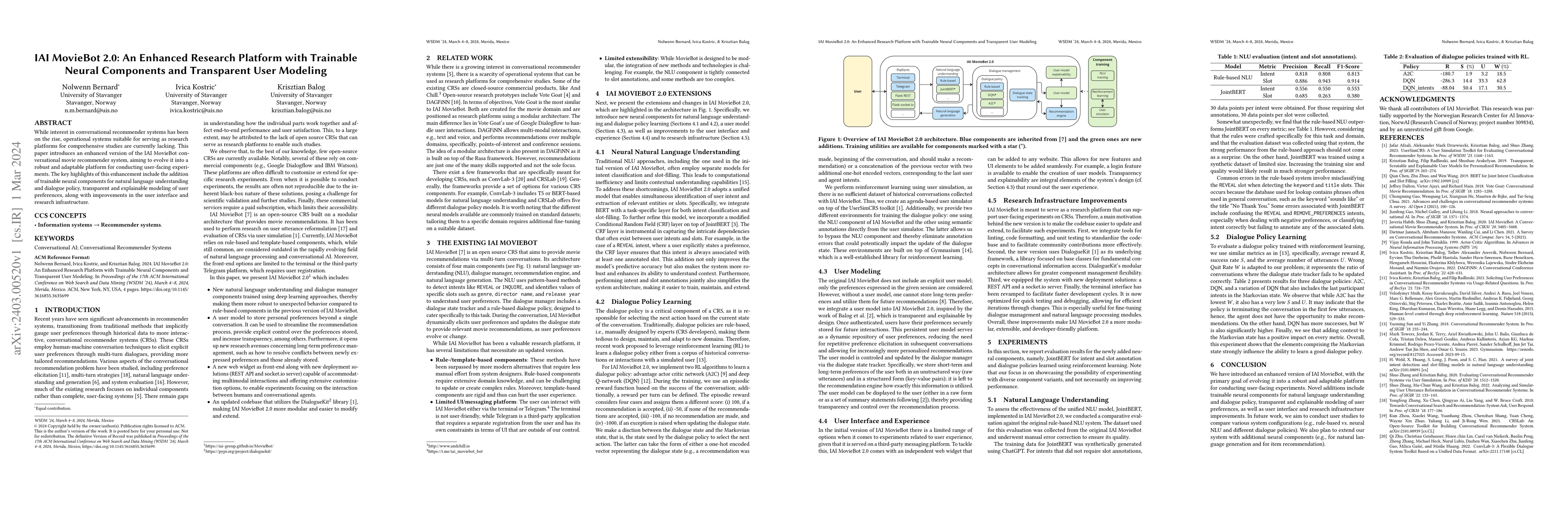 Thumbnail for IAI MovieBot 2.0: An Enhanced Research Platform with Trainable Neural
  Components and Transparent User Modeling