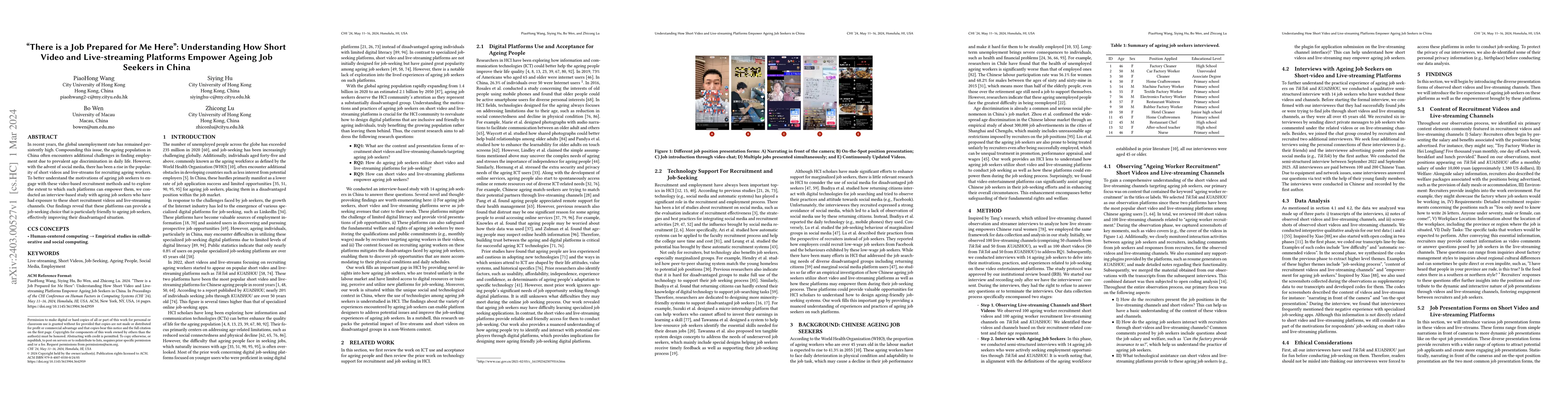 Thumbnail for "There is a Job Prepared for Me Here": Understanding How Short Video and
  Live-streaming Platforms Empower Ageing Job Seekers in China