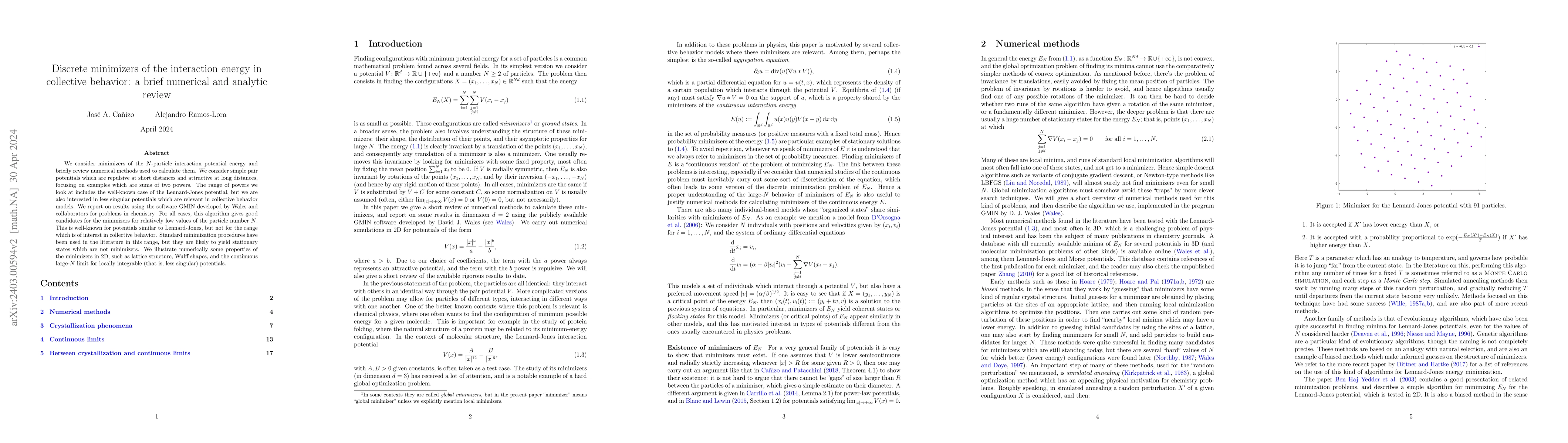 Thumbnail for Discrete minimizers of the interaction energy in collective behavior: a
  brief numerical and analytic review