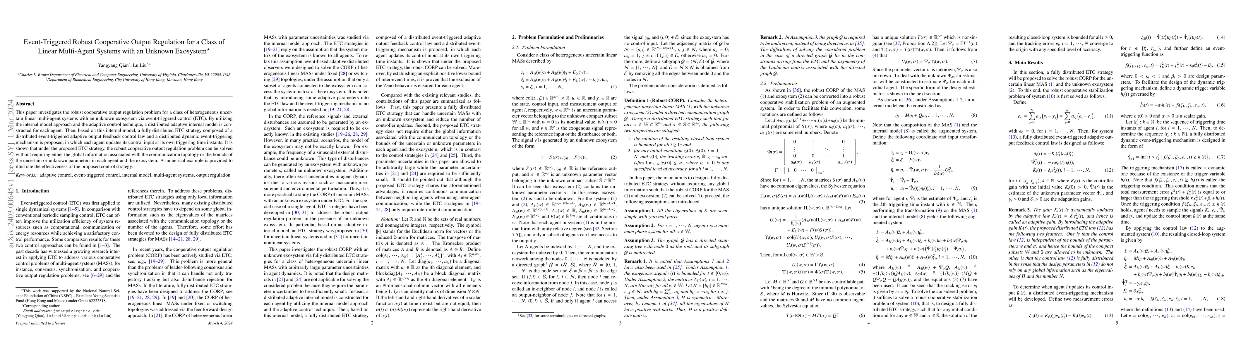 Thumbnail for Event-Triggered Robust Cooperative Output Regulation for a Class of
  Linear Multi-Agent Systems with an Unknown Exosystem
