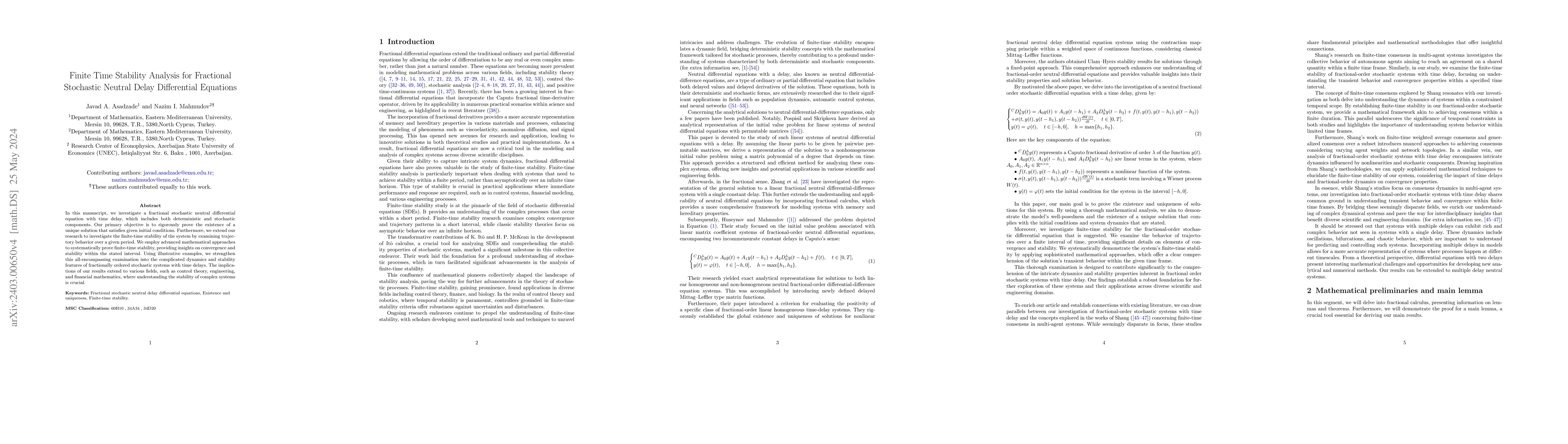 Thumbnail for Finite Time Stability Analysis for Fractional Stochastic Neutral Delay
  Differential Equations