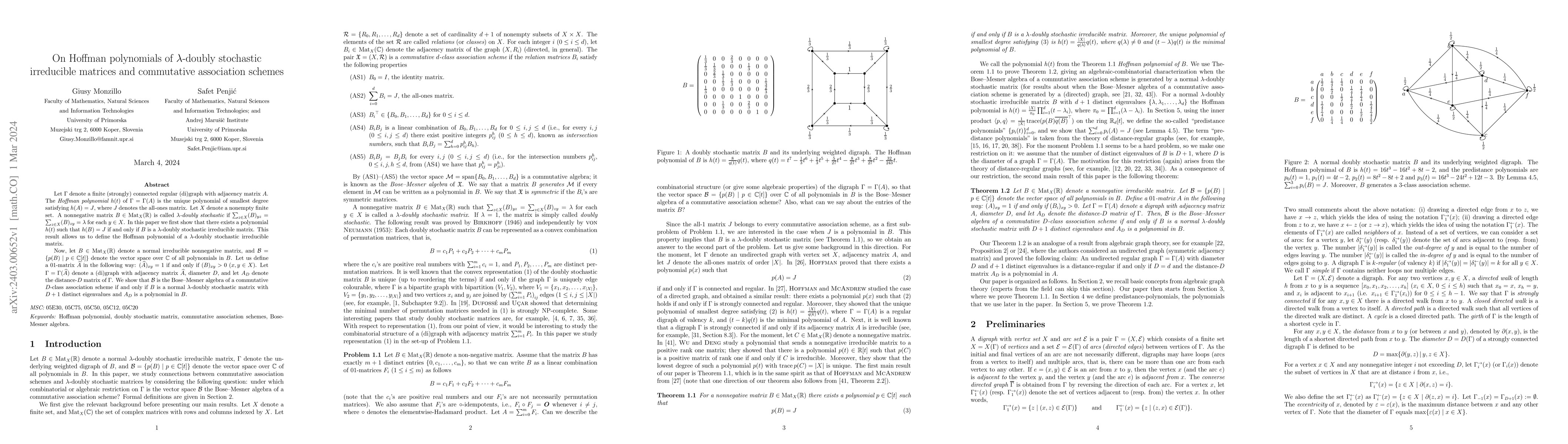 Thumbnail for On Hoffman polynomials of $\lambda$-doubly stochastic irreducible
  matrices and commutative association schemes
