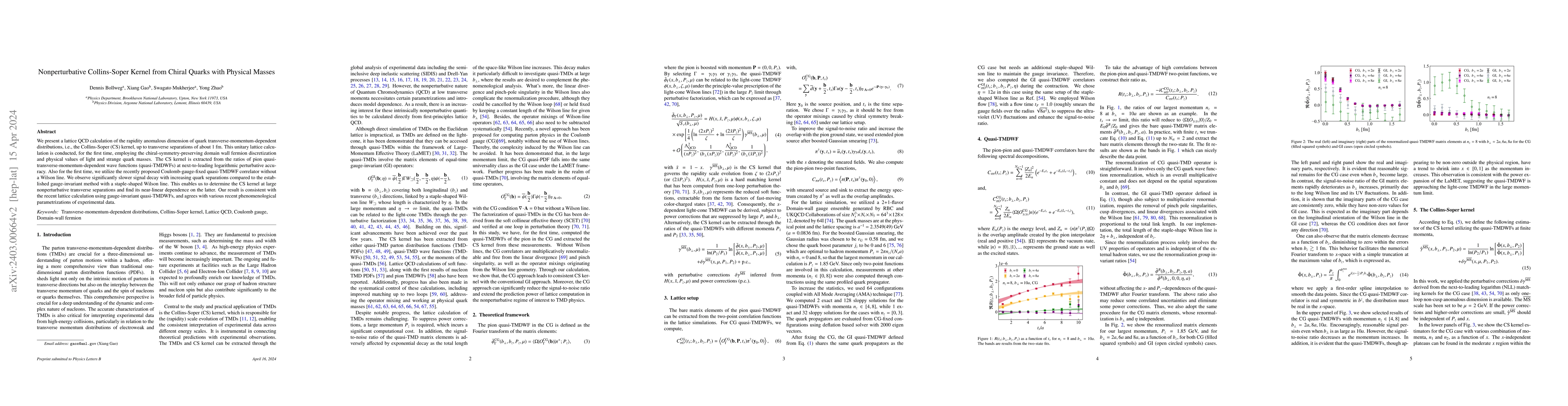 Thumbnail for Nonperturbative Collins-Soper Kernel from Chiral Quarks with Physical
  Masses
