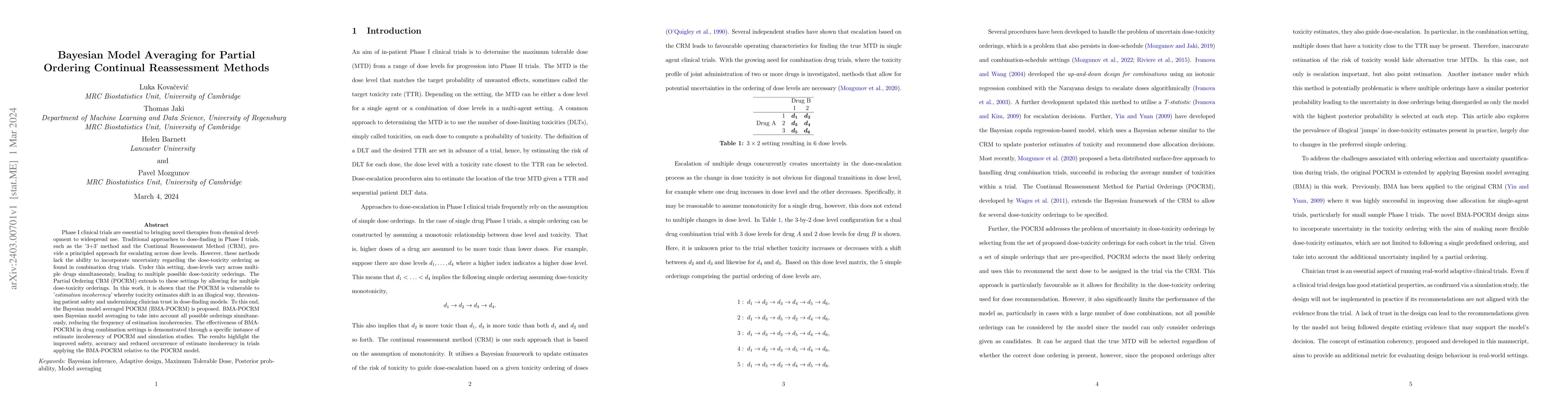 Thumbnail for Bayesian Model Averaging for Partial Ordering Continual Reassessment
  Methods