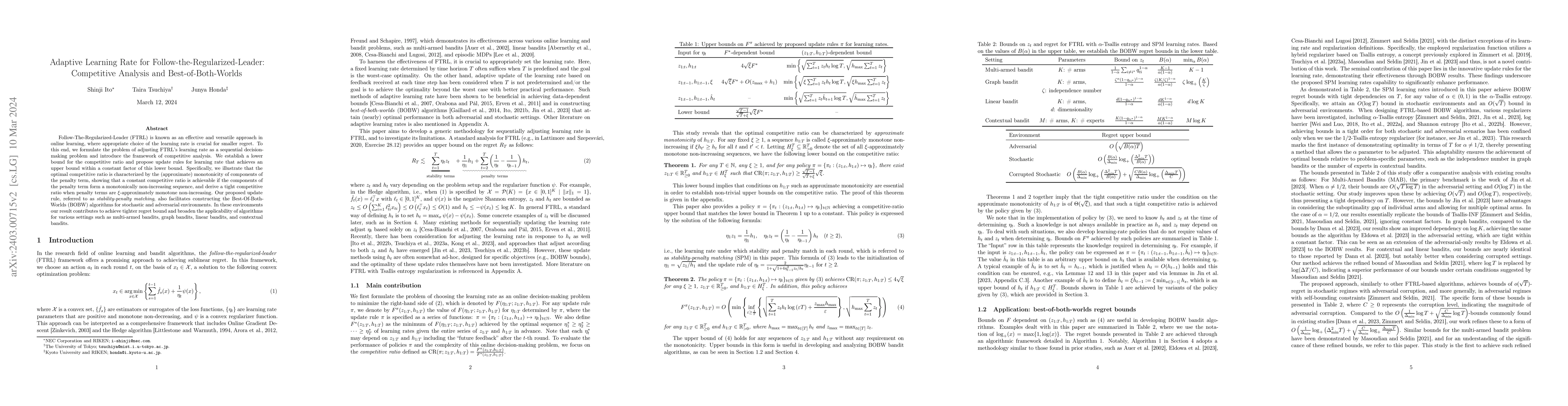 Thumbnail for Adaptive Learning Rate for Follow-the-Regularized-Leader: Competitive
  Analysis and Best-of-Both-Worlds