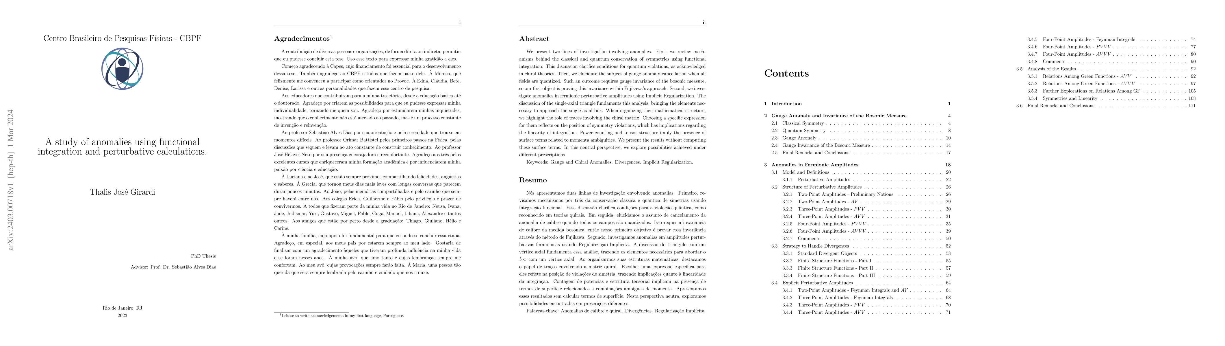 Thumbnail for A study of anomalies using functional integration and perturbative
  calculations