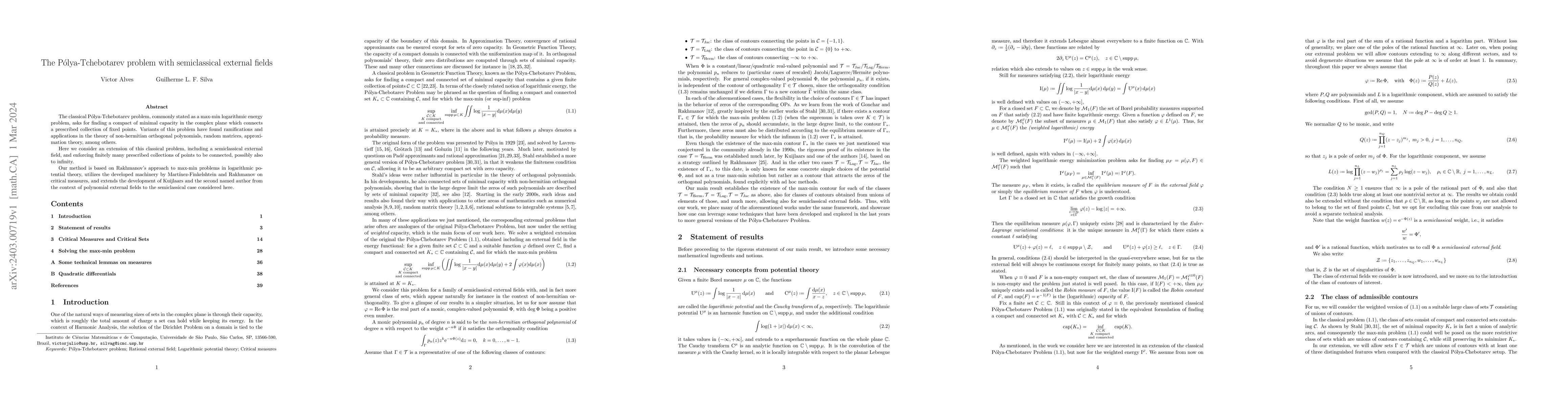 Thumbnail for The P\'olya-Tchebotarev problem with semiclassical external fields