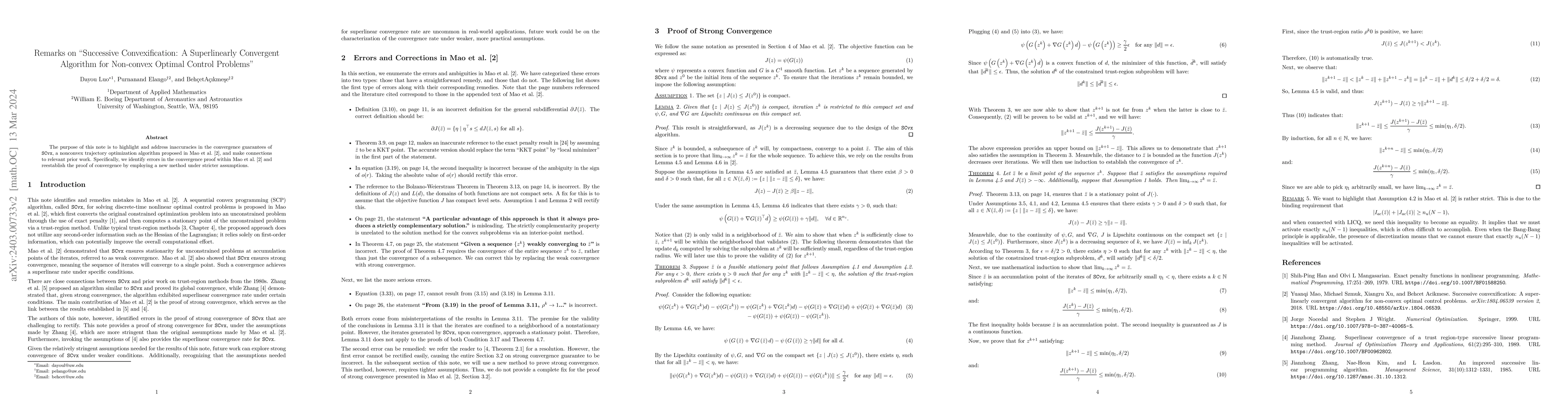 Thumbnail for Remarks on "Successive Convexification: A Superlinearly Convergent
  Algorithm for Non-convex Optimal Control Problems"