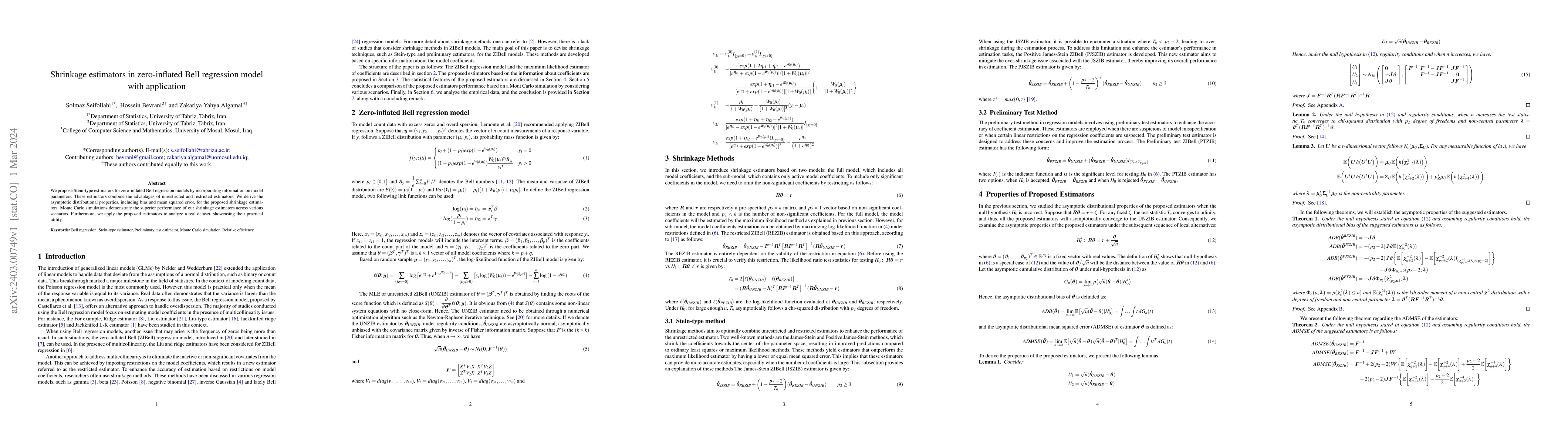 Thumbnail for Shrinkage estimators in zero-inflated Bell regression model with
  application