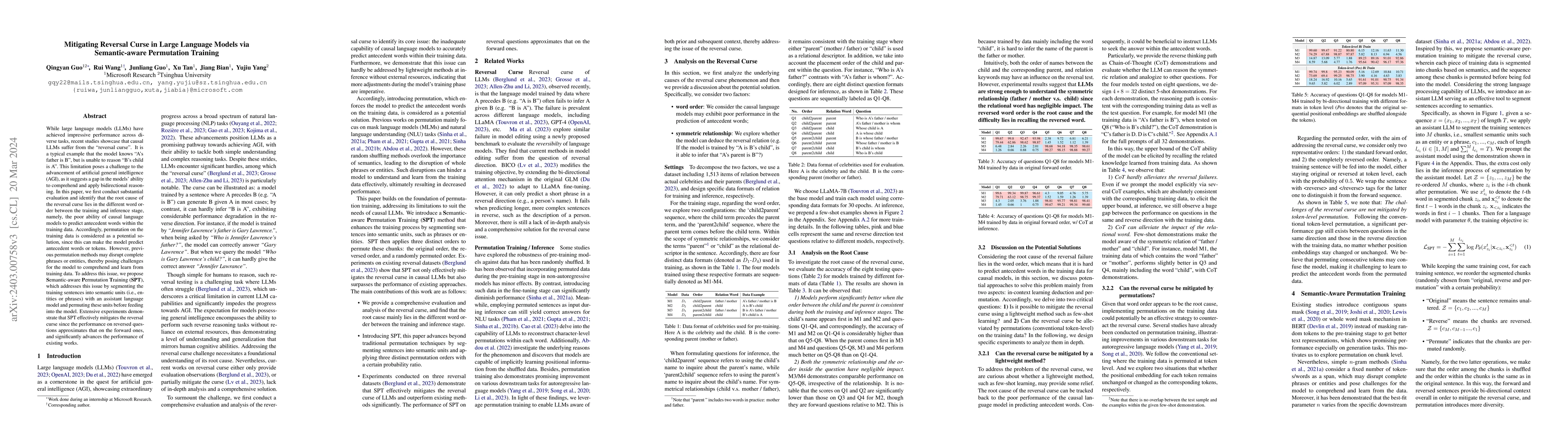 Thumbnail for Mitigating Reversal Curse in Large Language Models via Semantic-aware
  Permutation Training