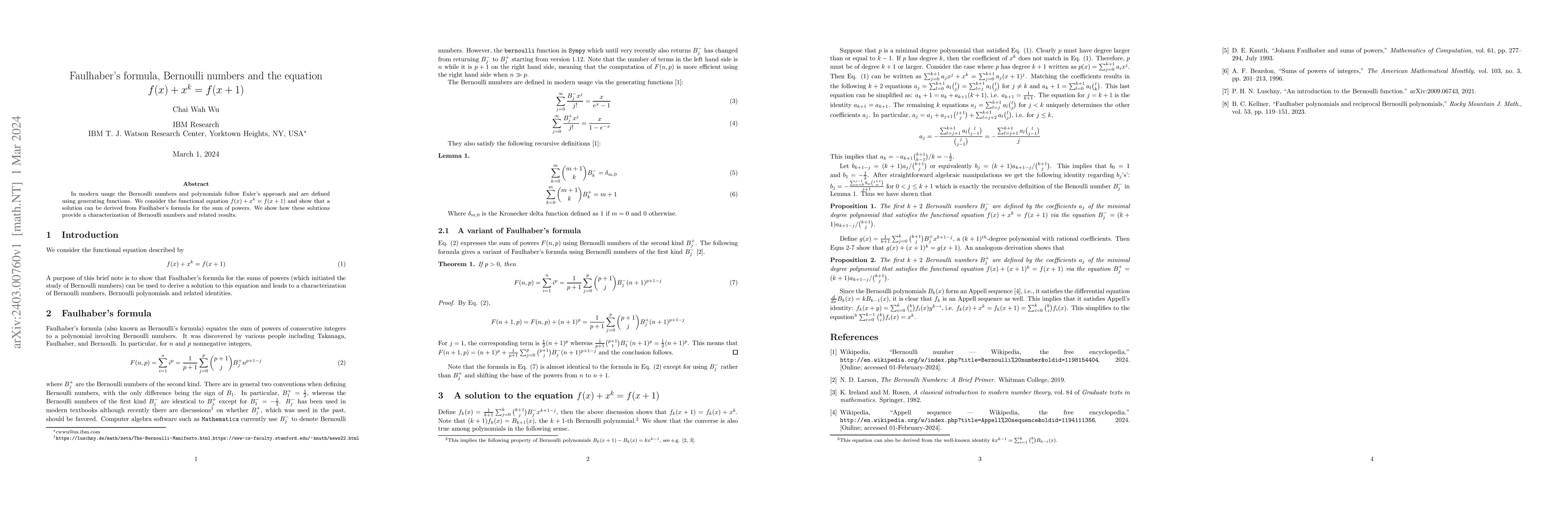 Thumbnail for Faulhaber's formula, Bernoulli numbers and the equation
  $f(x)+x^k=f(x+1)$