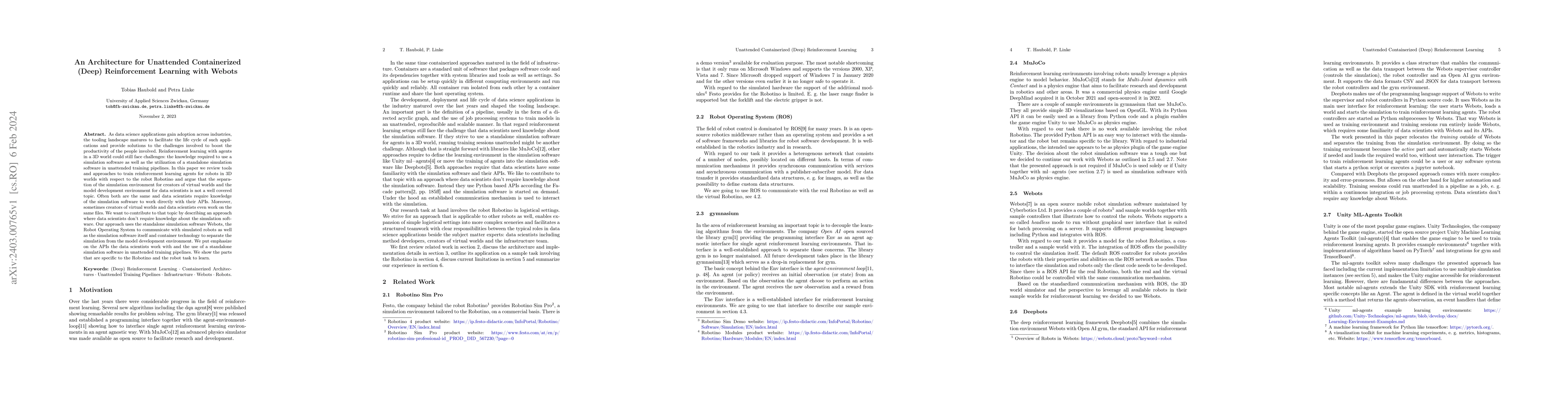 Thumbnail for An Architecture for Unattended Containerized (Deep) Reinforcement
  Learning with Webots