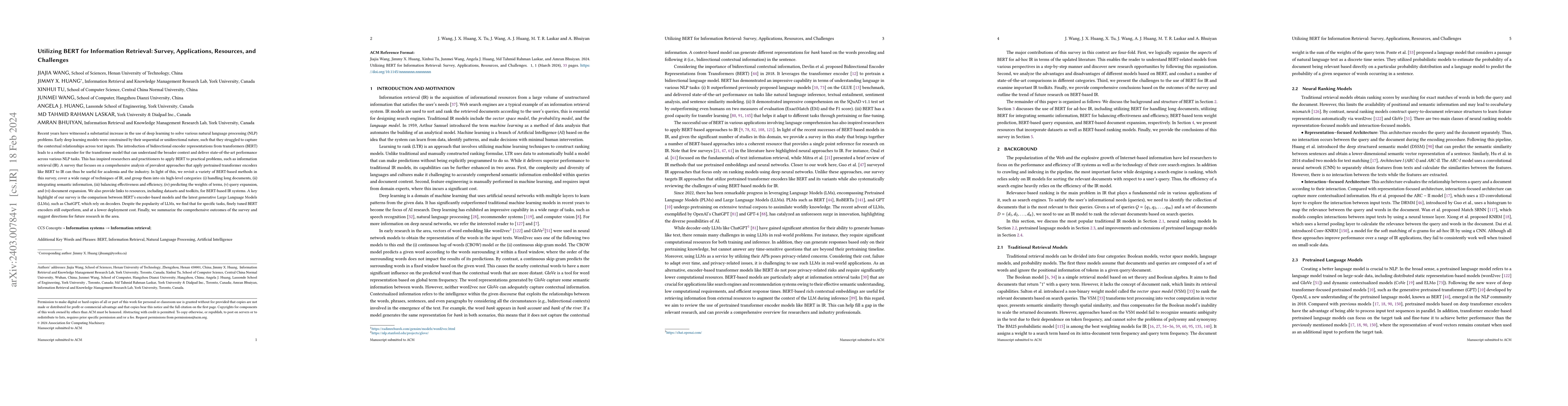 Thumbnail for Utilizing BERT for Information Retrieval: Survey, Applications,
  Resources, and Challenges
