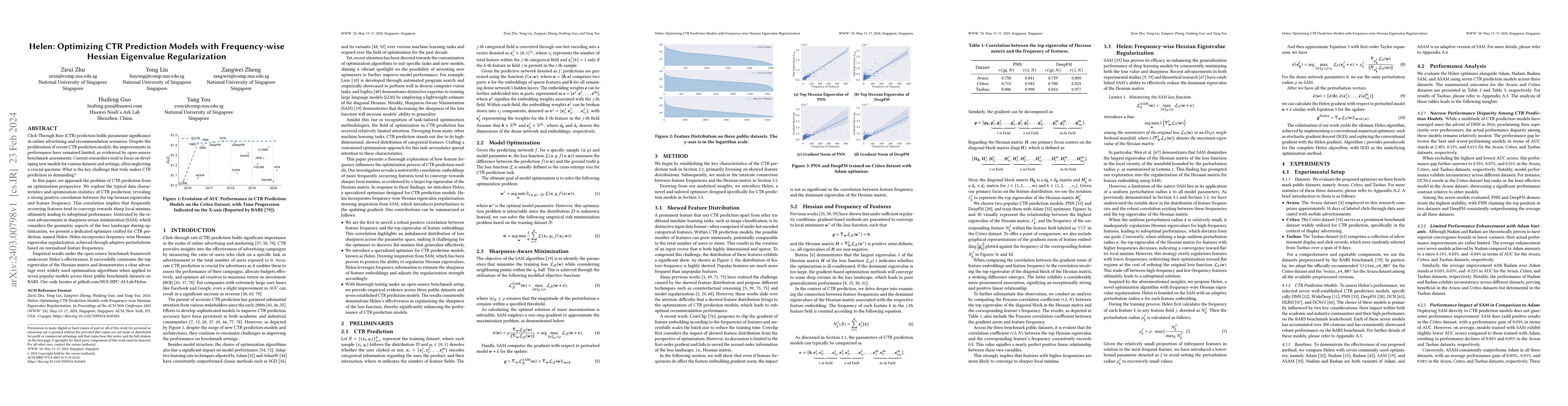 Thumbnail for Helen: Optimizing CTR Prediction Models with Frequency-wise Hessian
  Eigenvalue Regularization