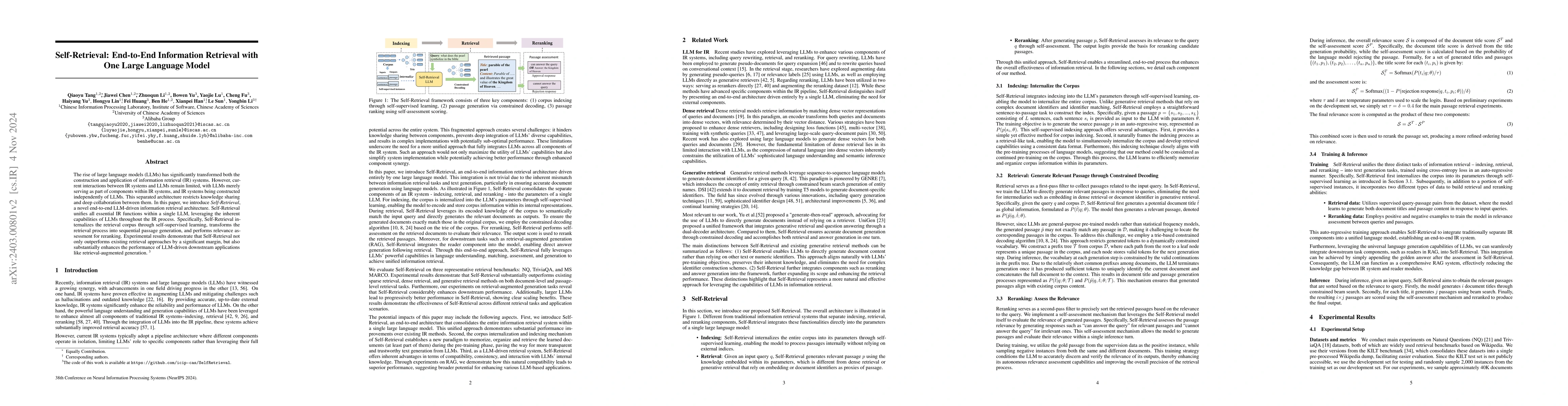 Thumbnail for Self-Retrieval: Building an Information Retrieval System with One Large
  Language Model