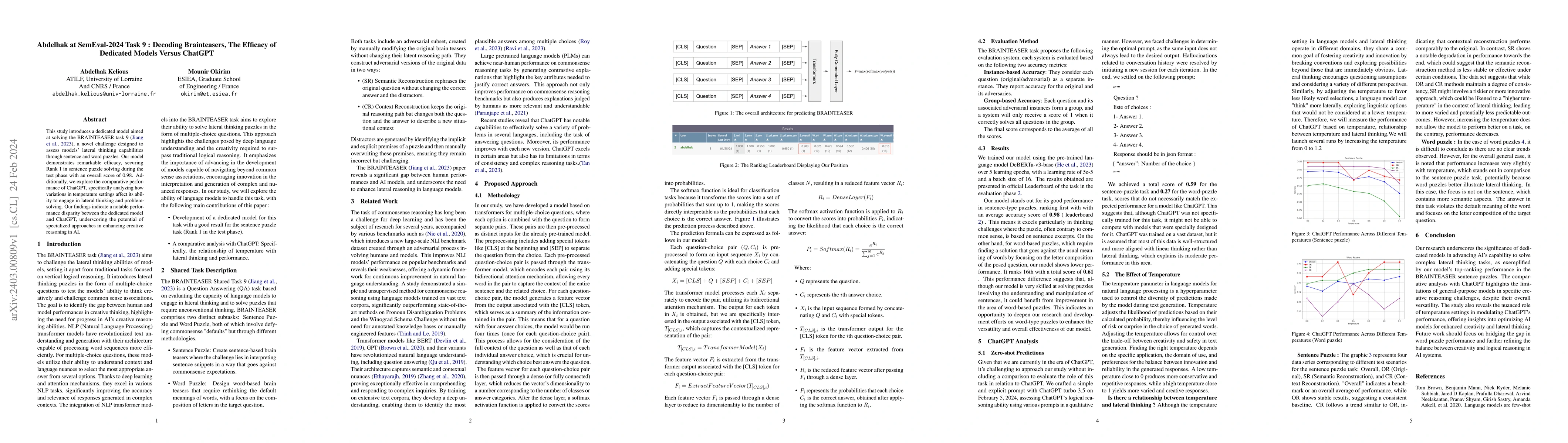 Thumbnail for Abdelhak at SemEval-2024 Task 9 : Decoding Brainteasers, The Efficacy of
  Dedicated Models Versus ChatGPT