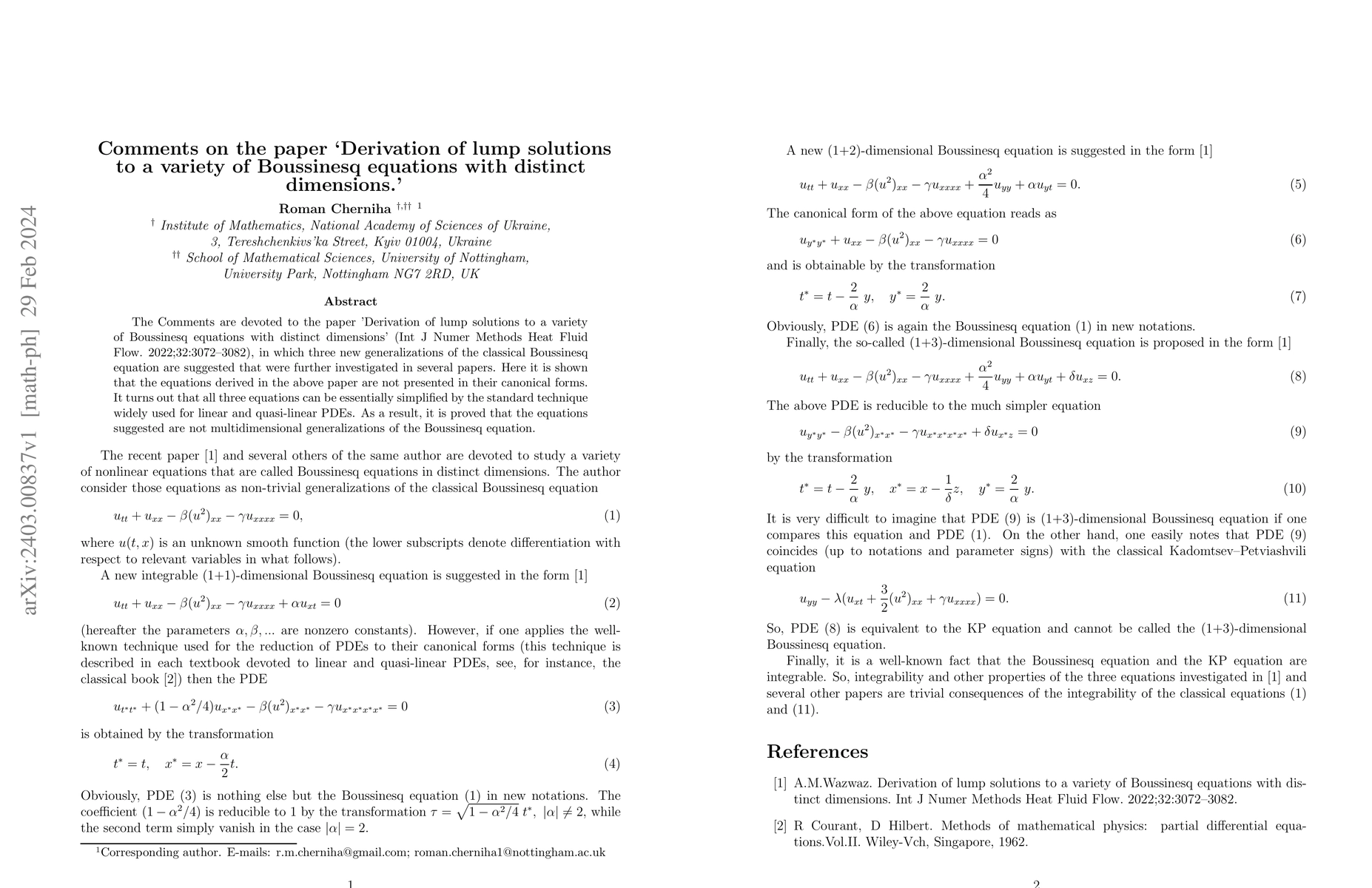 Thumbnail for Comments on the paper "Derivation of lump solutions to a variety of
  Boussinesq equations with distinct dimensions."